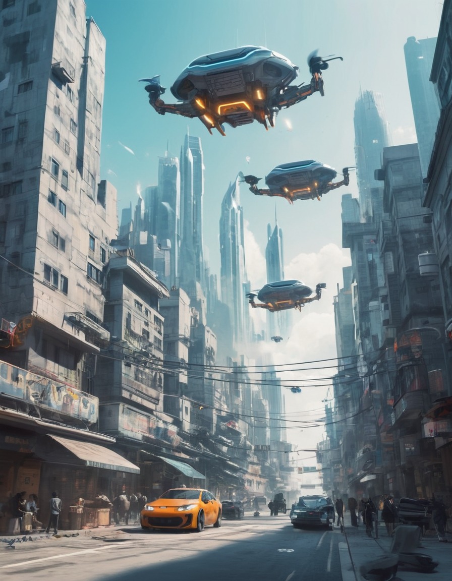 futuristic, cityscape, flying cars, robots, technology, modern city, city