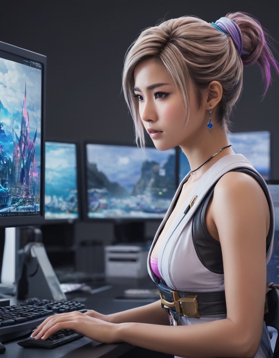 yuna, final fantasy x, office, technology, modern, games, girls from games