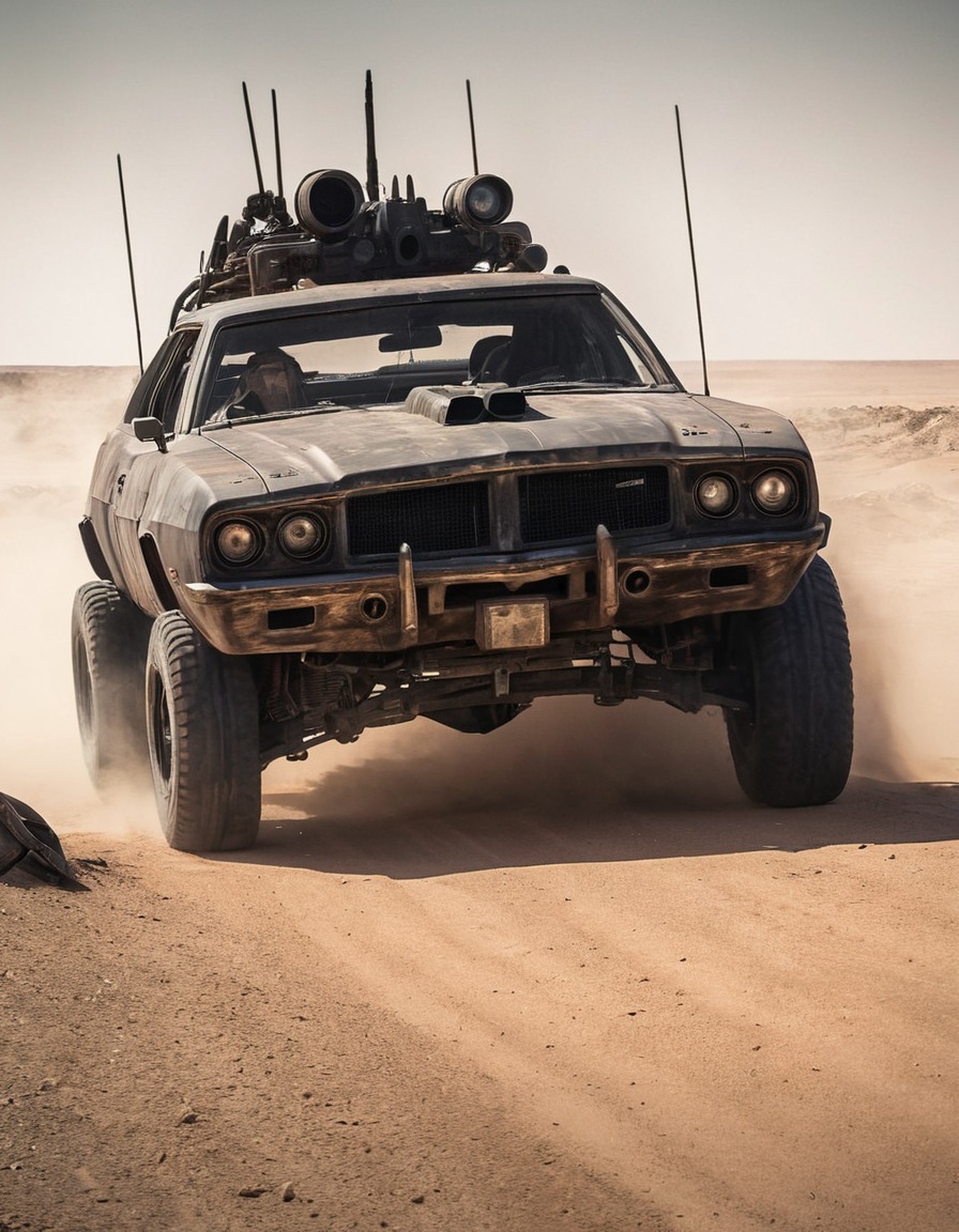 mad max, vehicle chase, post-apocalyptic, dusty landscape