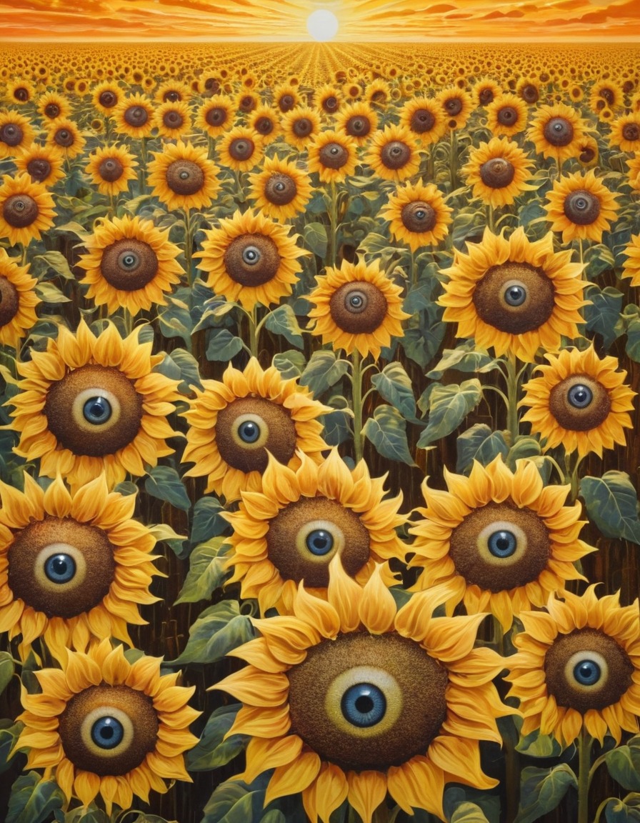 sunflowers, oversized, eyes, whimsical, surreal