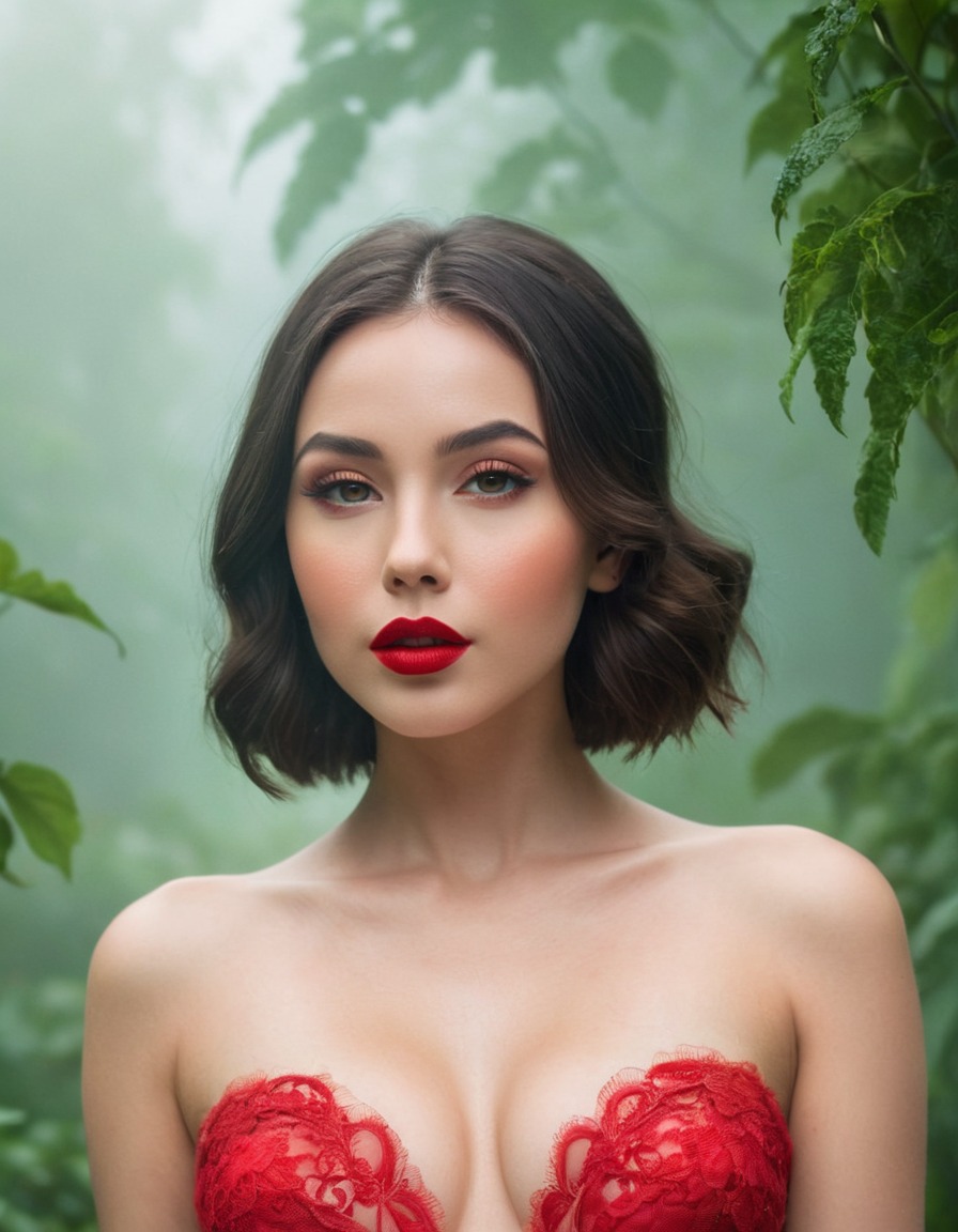 woman, red lip, misty garden, lush greenery, sexy