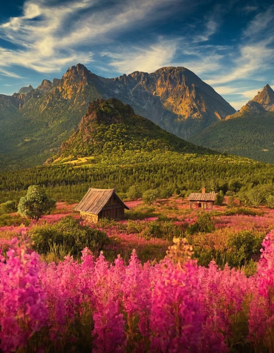 poland, landscape, mountain, cottage, pink flowers, wild flowers, path, nature, flowers, beautiful, petitworld favs