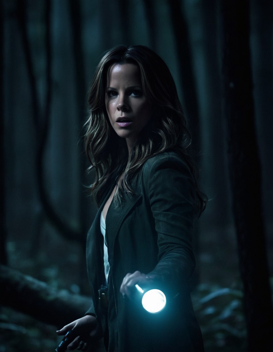 kate beckinsale, actress, dark, eerie, forest, flashlight, fear