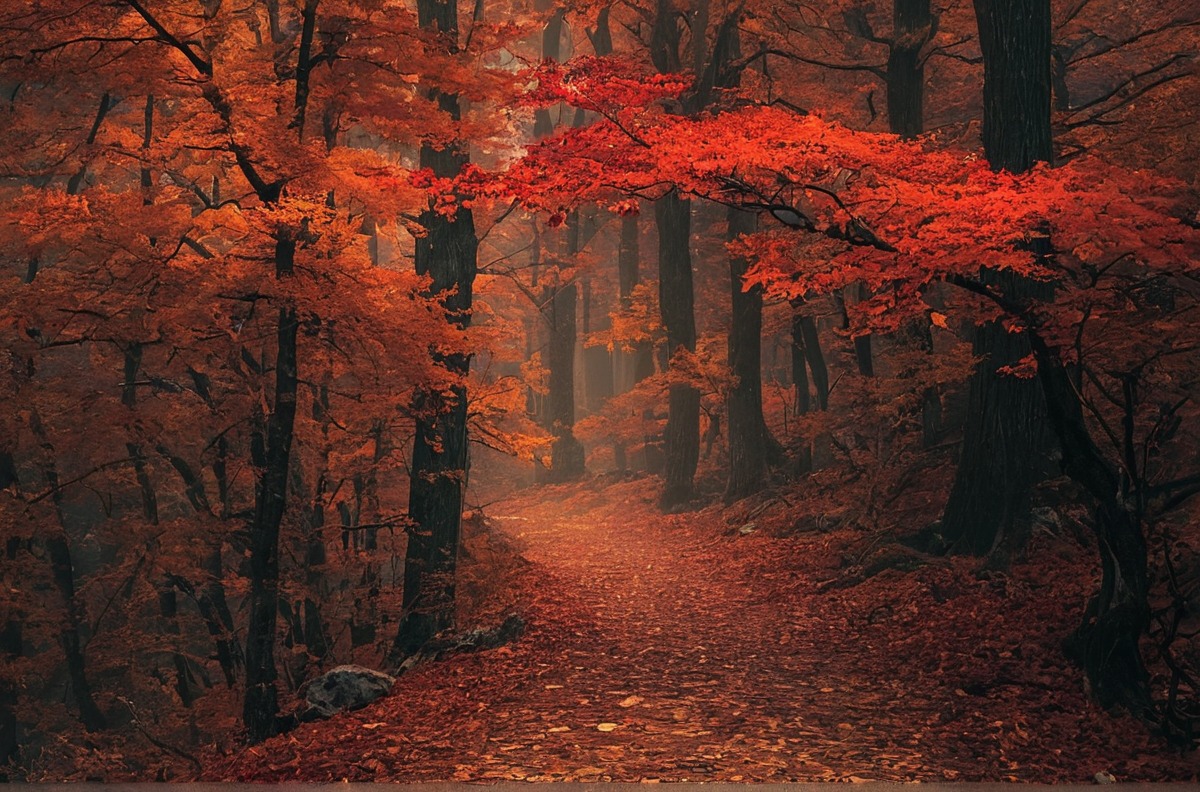 autumn, fall, forest, nature, red, trees, photography