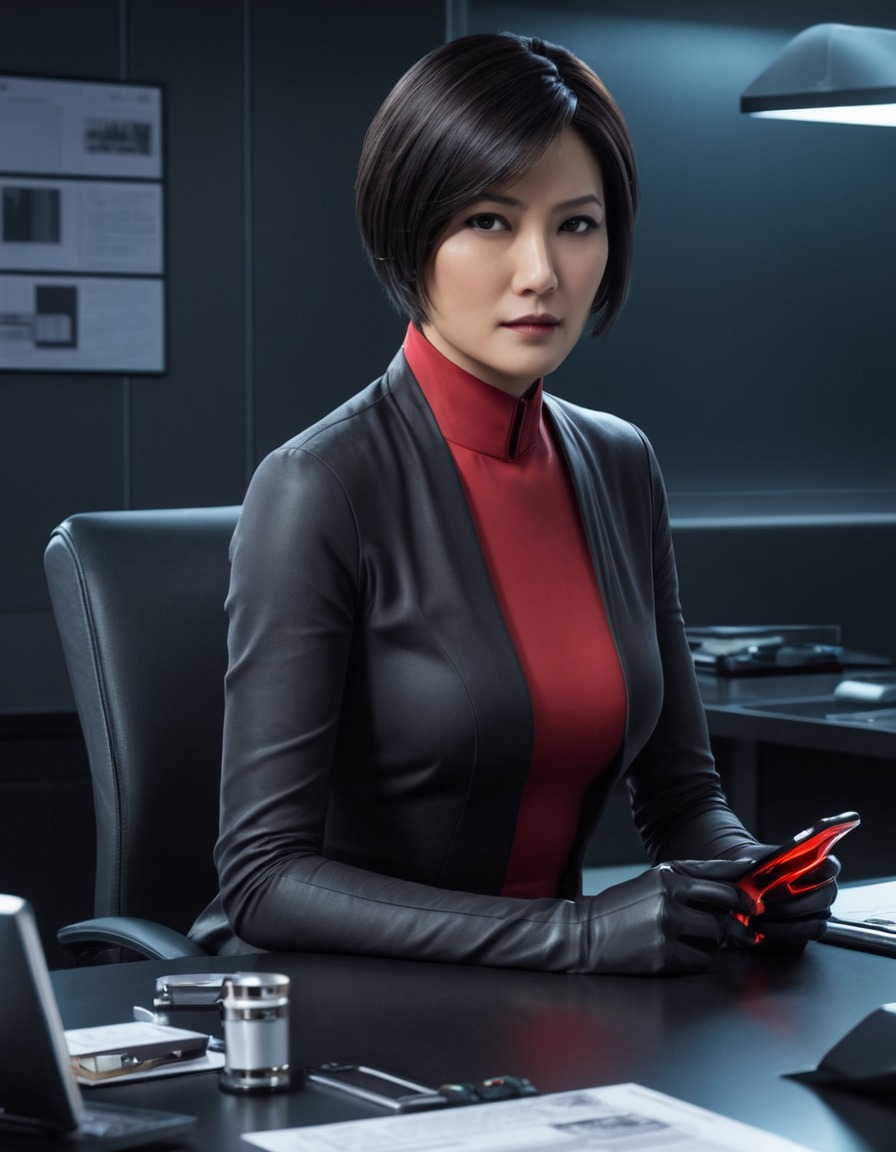 Ada Wong sitting confidently at a sleek office desk, surrounded by high ...