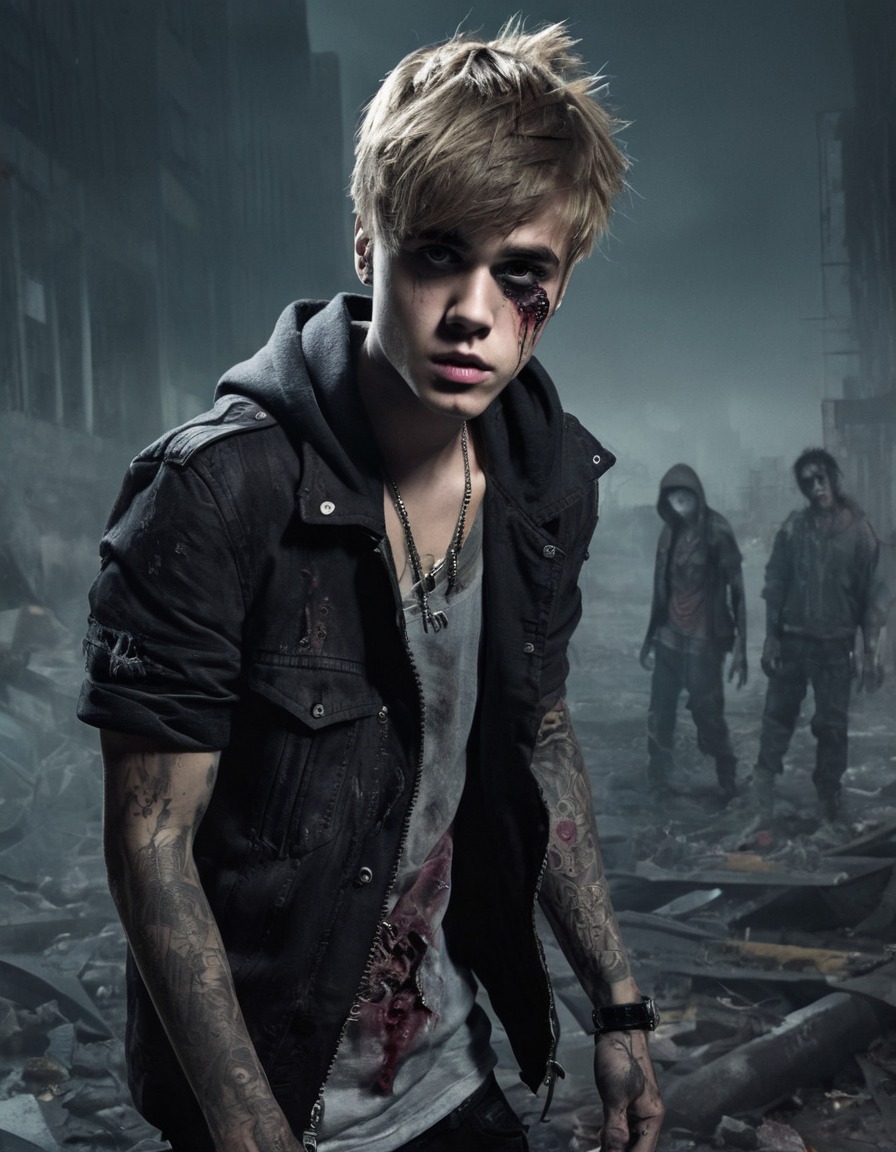 justin bieber, zombie, post-apocalyptic, stylish, illustration, celebrities