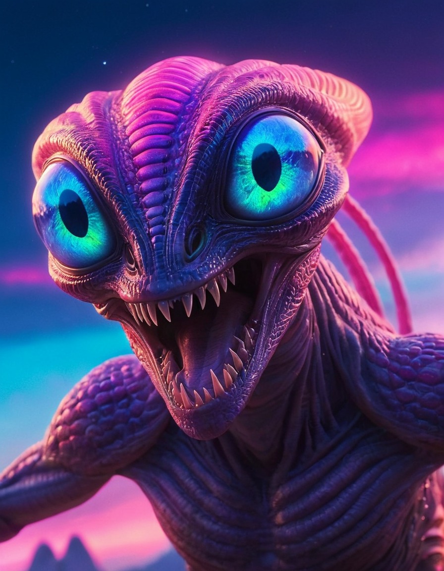 alien, creature, iridescent scales, multiple eyes, neon-lit sky, extraterrestrial, aliens