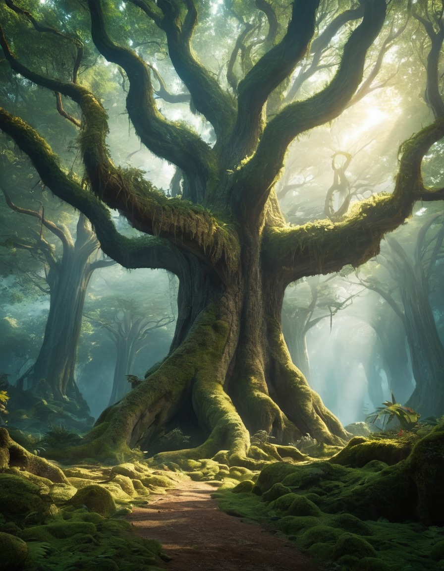 mystical, forest, ancient trees, glowing creatures, fantastic