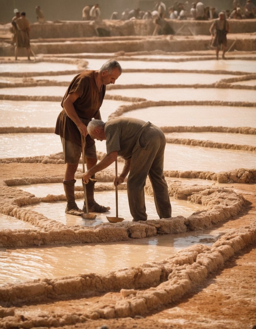 ancient rome, salt pans, salt extraction, men at work, ancient technology, salt production, daily life