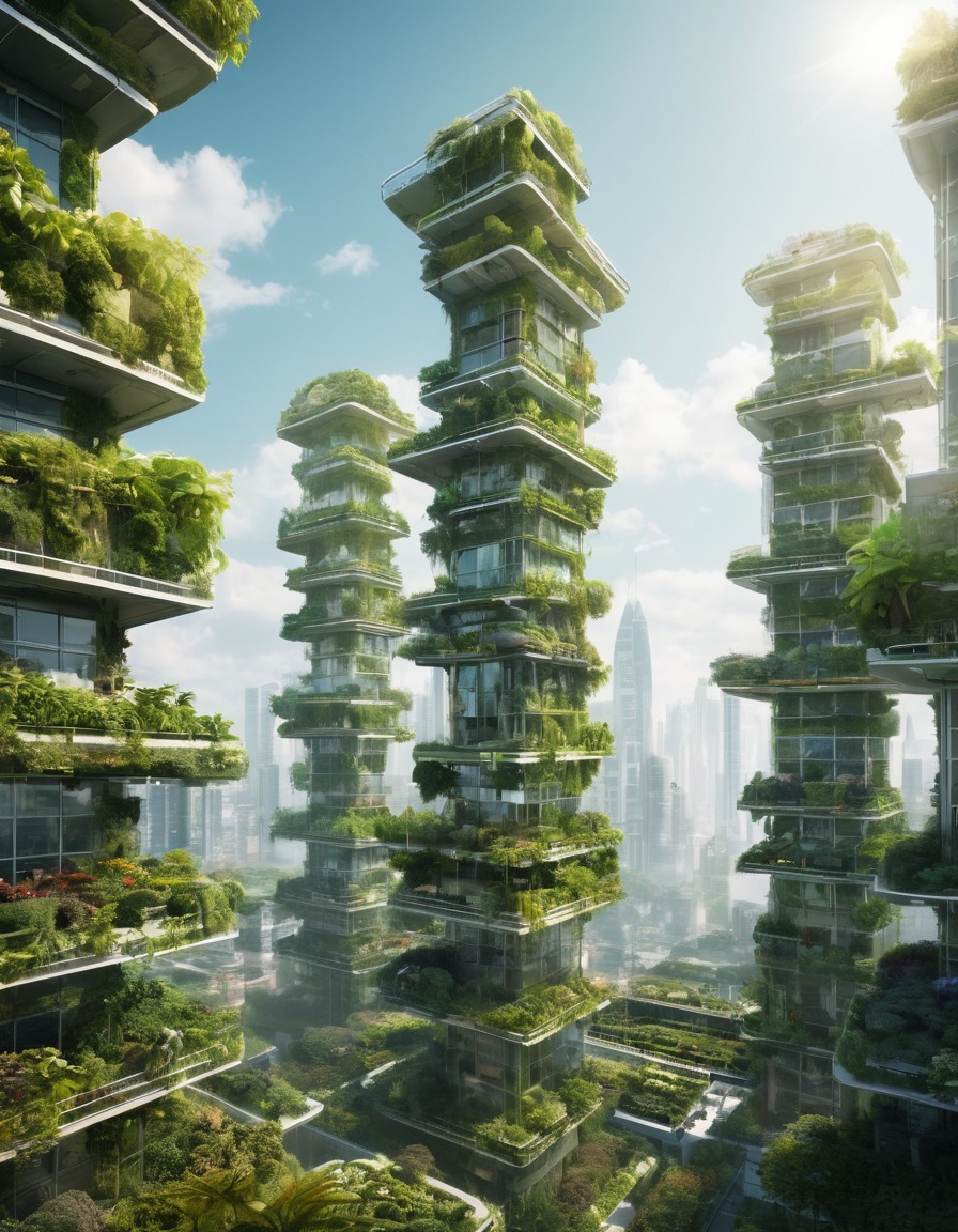 futuristic, metropolis, sustainable technology, vertical gardens, solar panels, technology