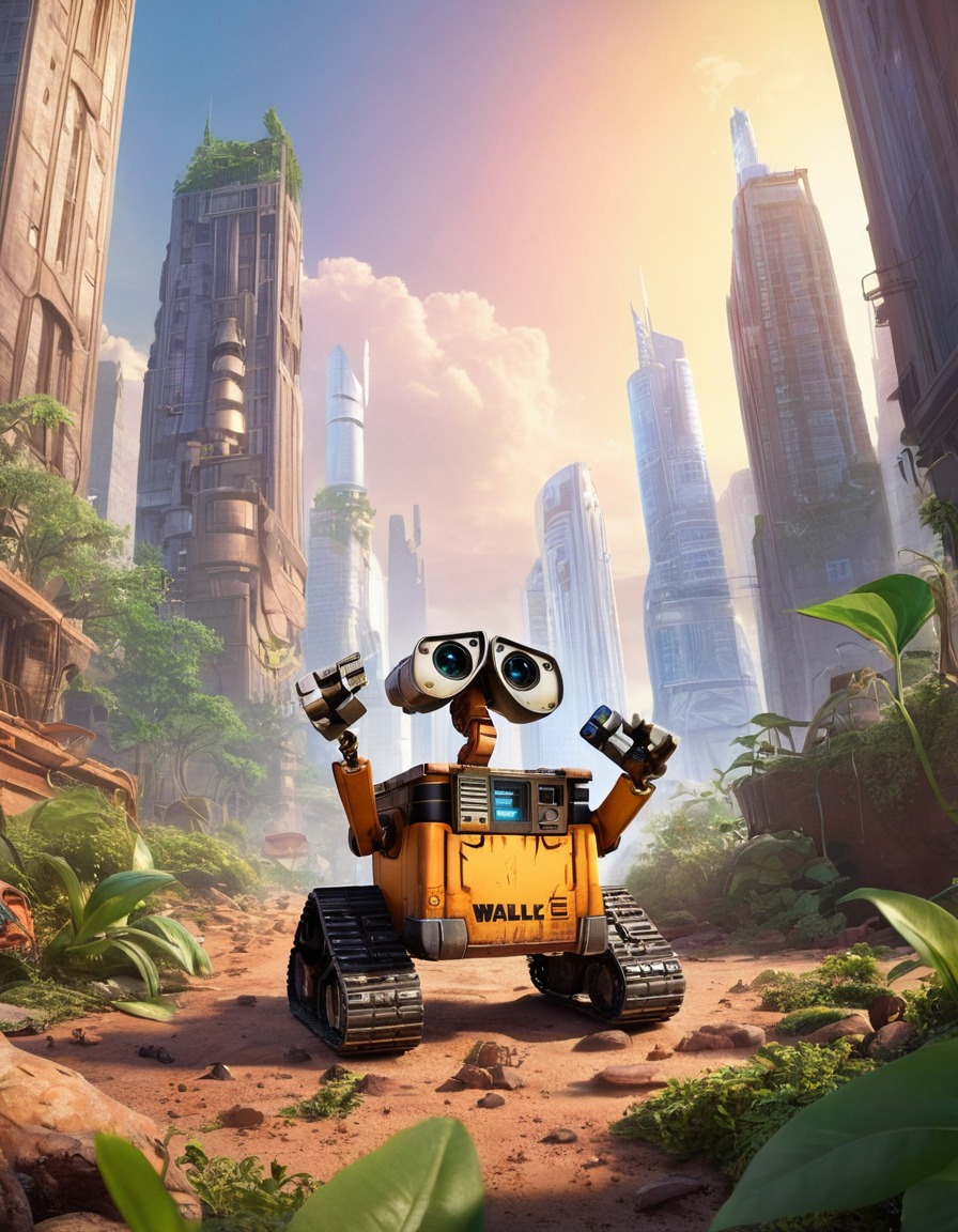 wall-e, robot, exploring, deserted cityscape, skyscrapers, overgrown vegetation, science fiction, robots, games, movies