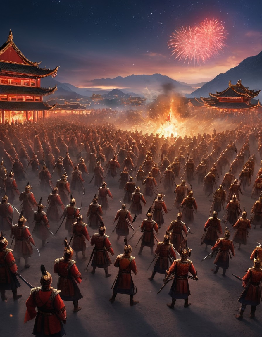 chinese folklore, nian, battle, warriors, starlit sky