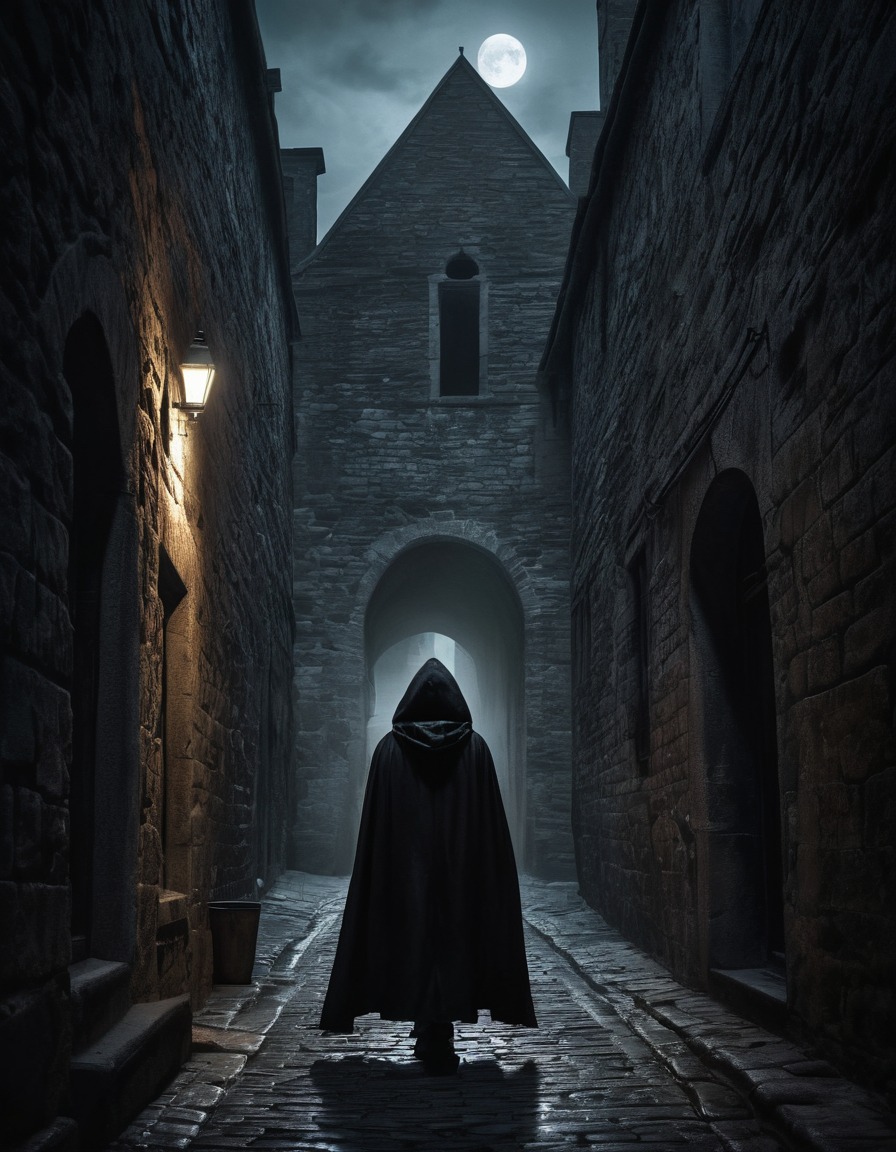 mysterious, hooded figure, dark, alleyway, ancient buildings, gothic, underground