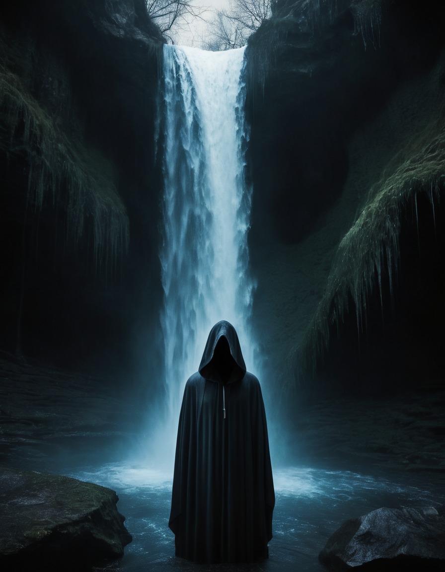 mystical, hooded figure, chanting, waterfall