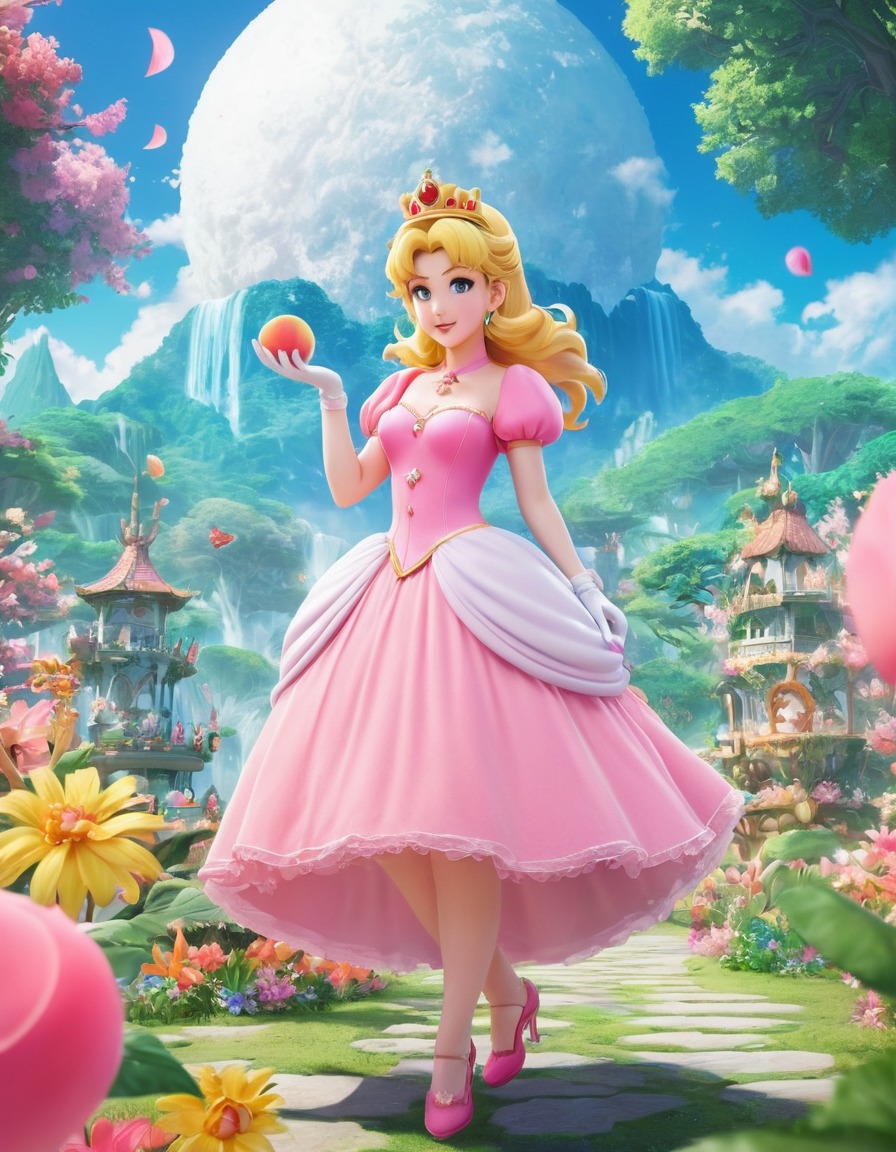 princess peach, garden, flowers, whimsical creatures, anime, games