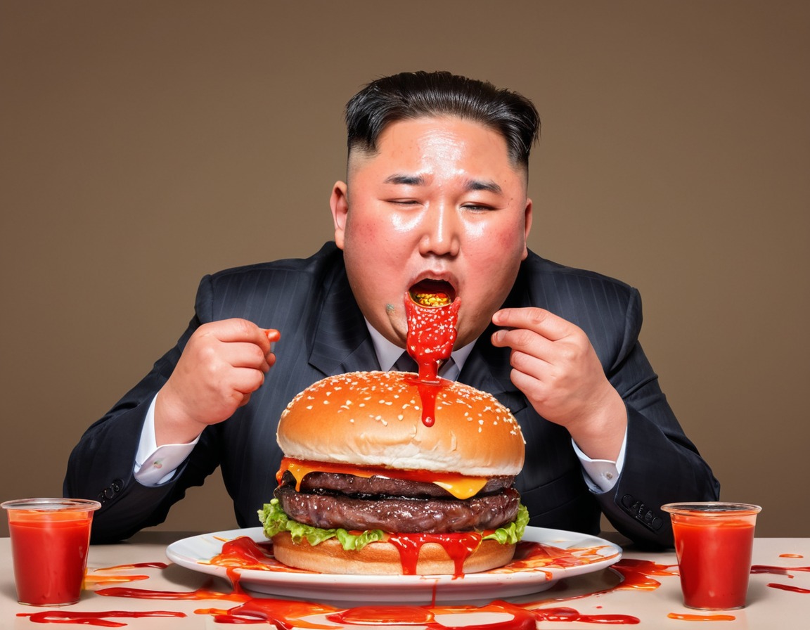 kim jong-un, hamburger, ketchup, messy eating, humor, north korea