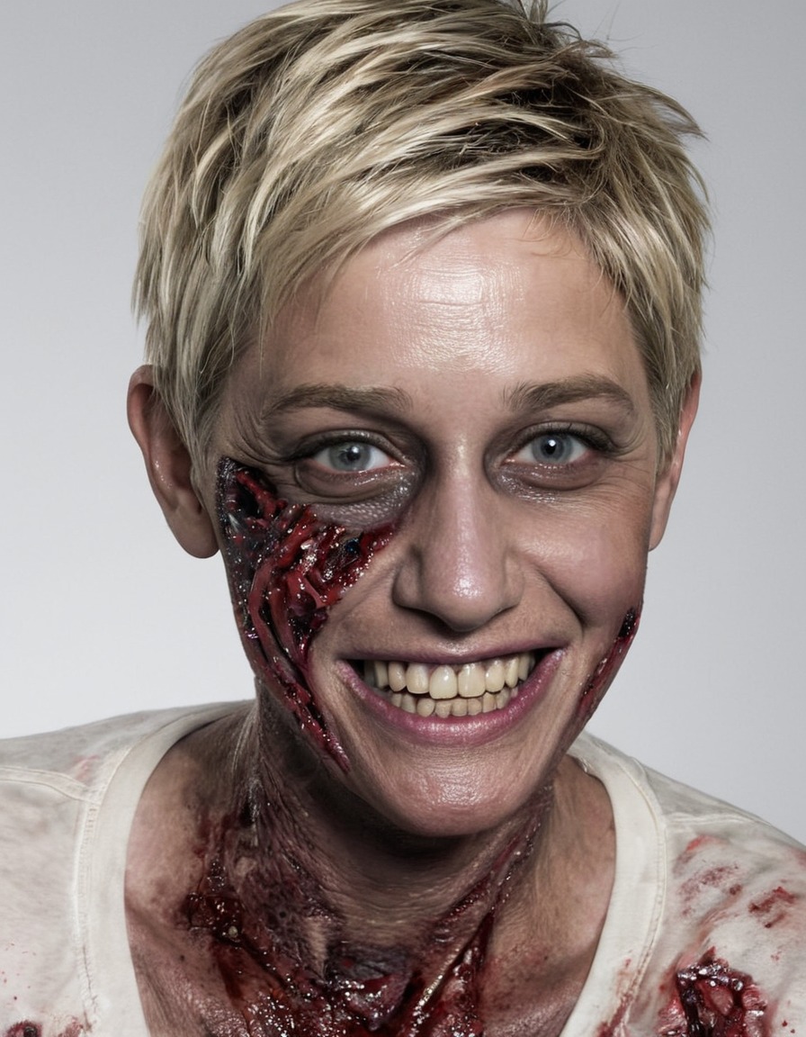 ellen degeneres, zombie, iconic smile, horror, parody, celebrities