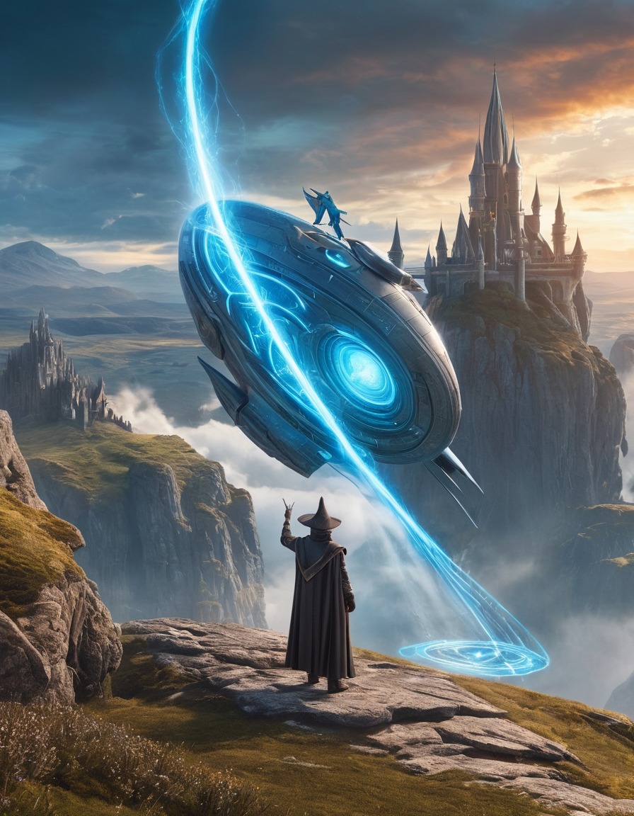 wizard, spells, futuristic, spaceship, medieval landscape, fantasy, medieval, art