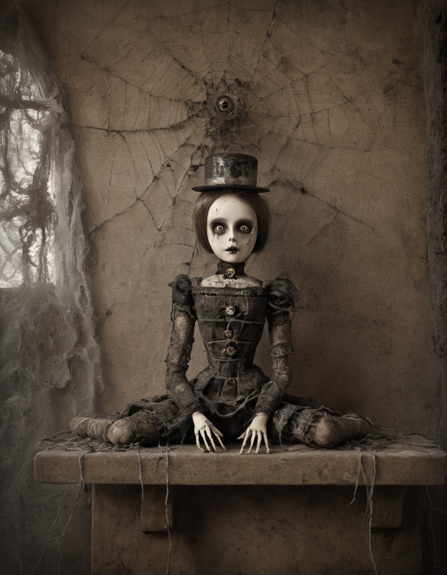 creepy, clockwork doll, empty eyes, dusty, cobweb-covered, mantle, gothic, underground, dark