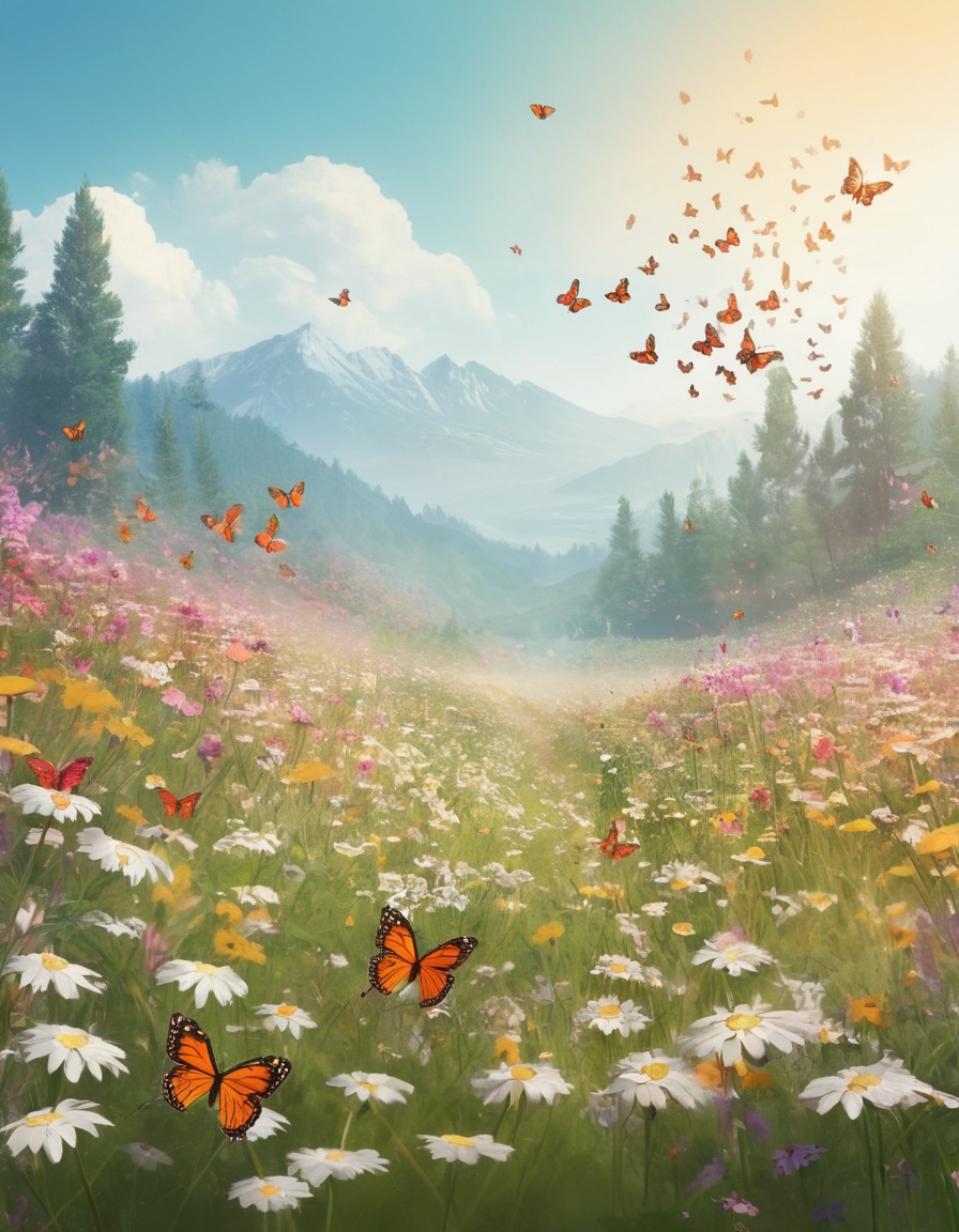 nature, serenity, meadow, butterflies, flowers