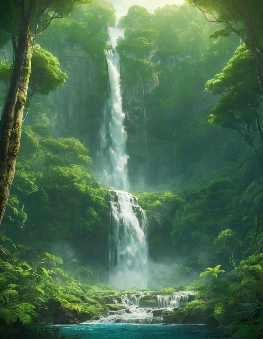 nature, waterfall, forest, lush, scenic