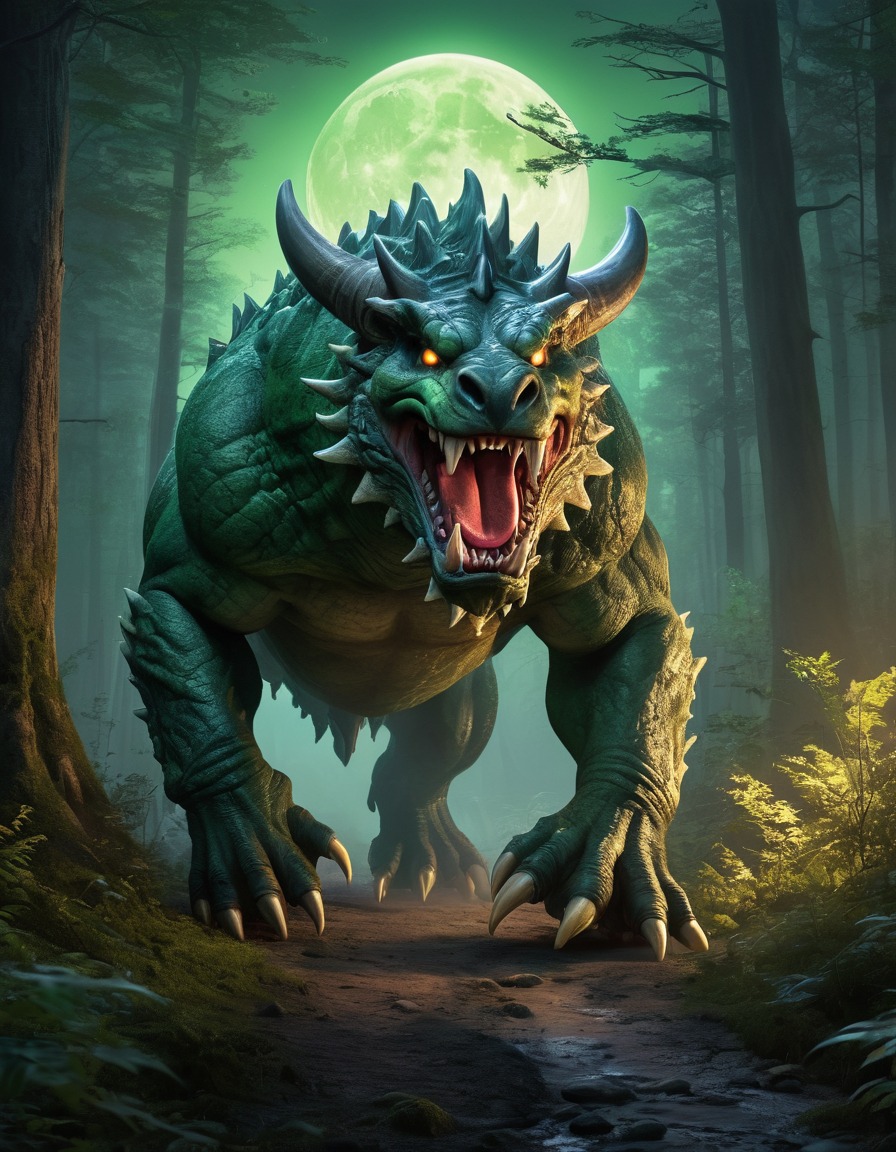 hodag, mystical forest, full moon, mythical creature, fantasy wildlife