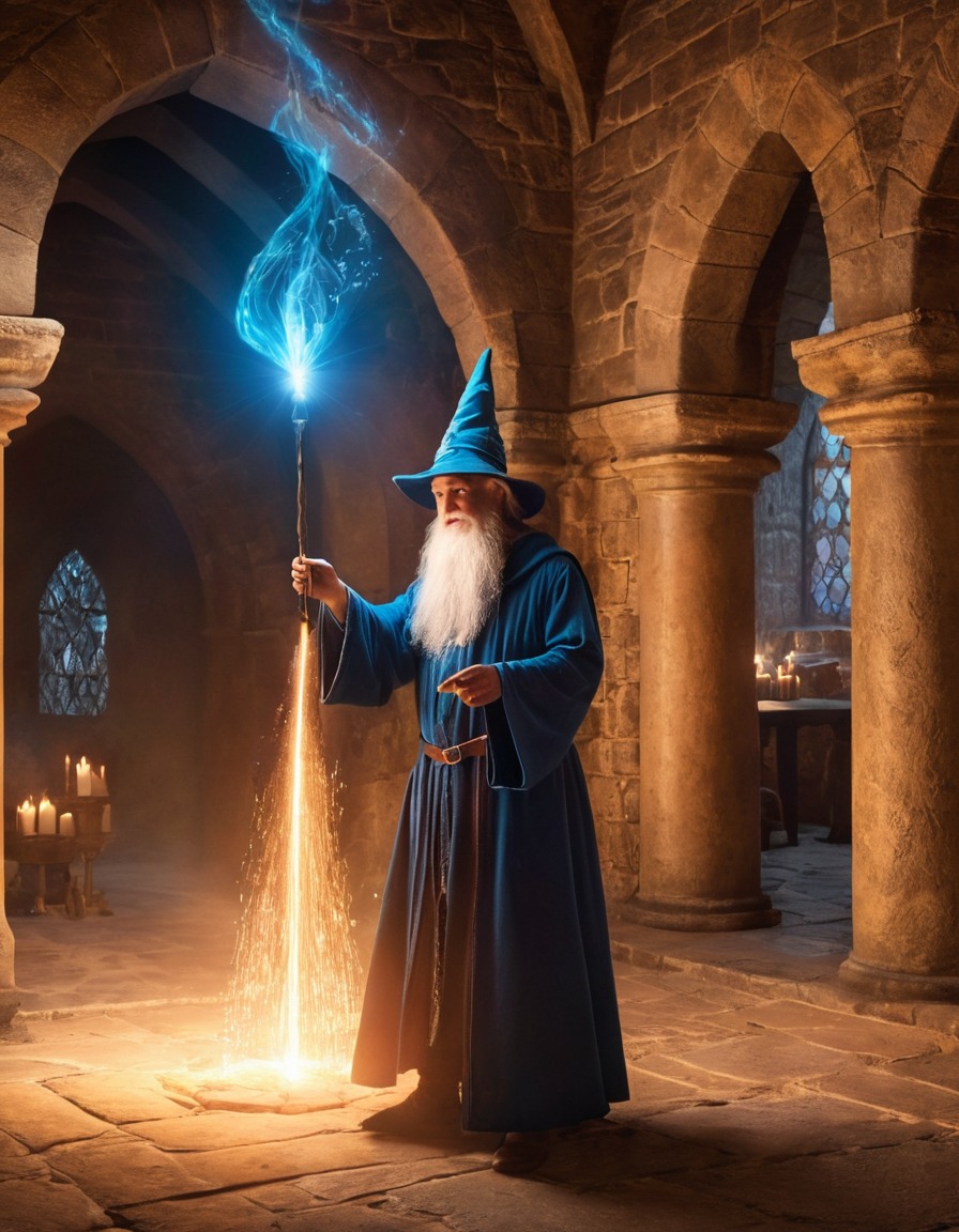 wizard, holographic technology, spellcasting, medieval castle, medieval, art