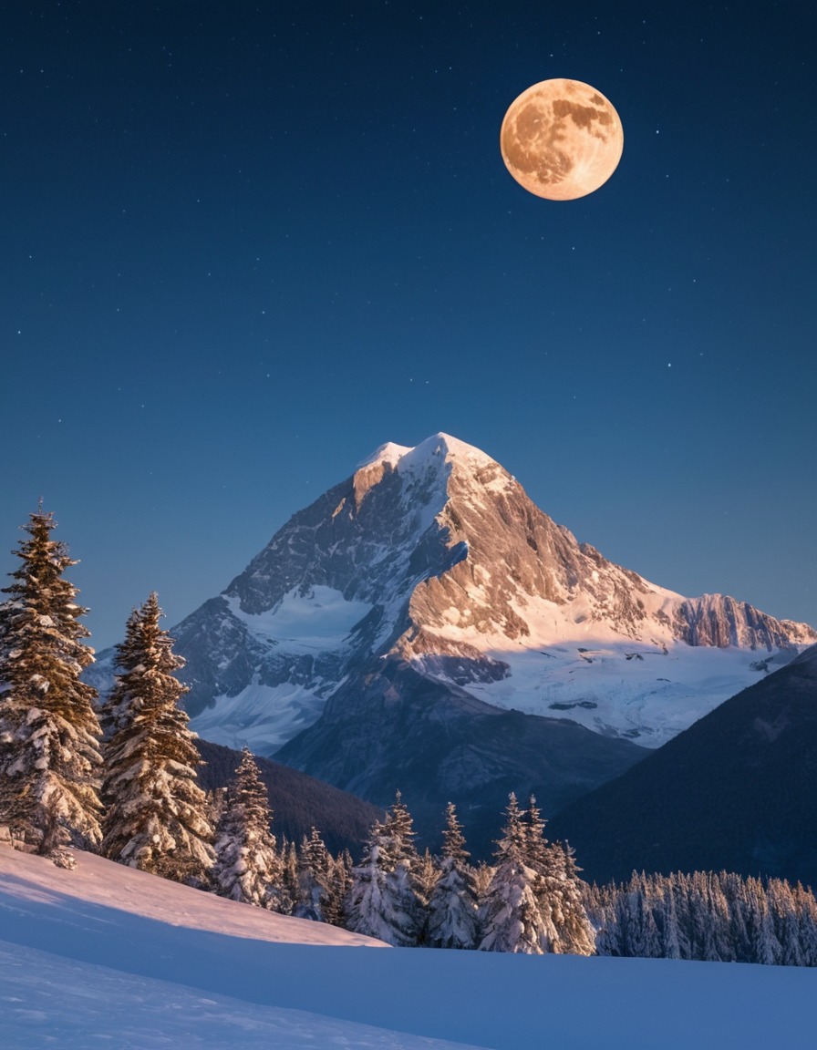 mountain, peak, snow-capped, moonlight, nature, landscape