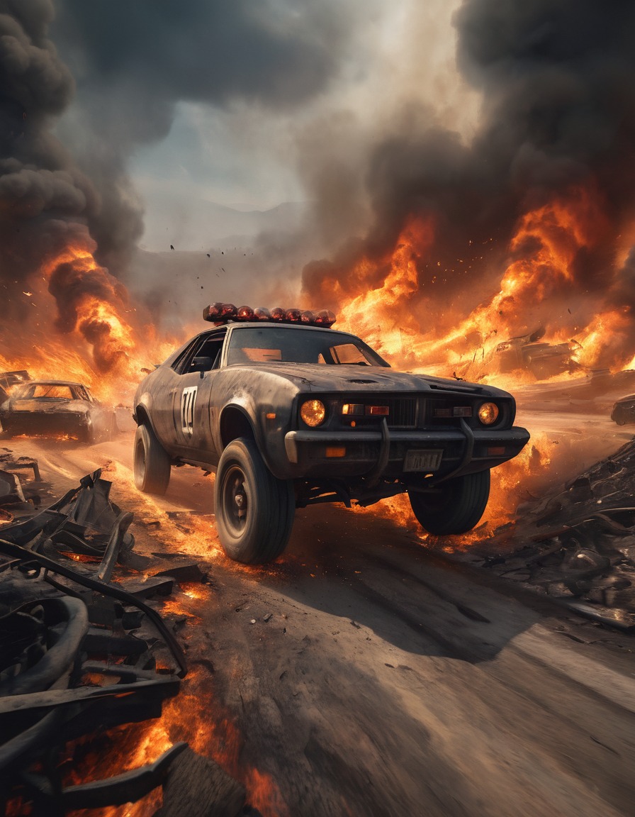 action, chase scene, vehicles, fire, destruction, mad max