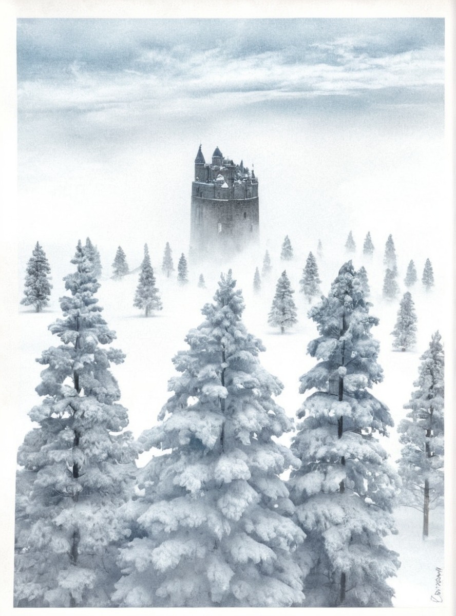 forest, snow, tower, watercolour