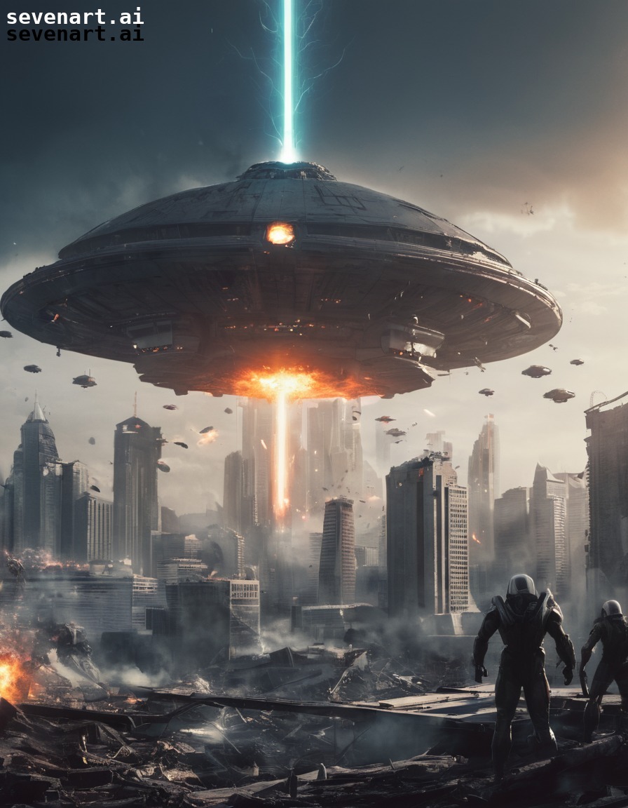 alien invasion, destruction, cityscape, battle, resistance fighters, aliens, three body problem, trisolaran