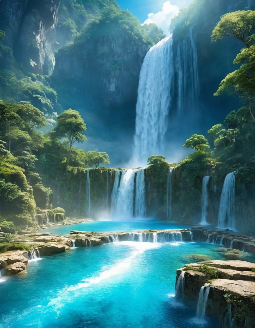 heaven, angels, waterfalls, crystal-clear pools, majestic, nature