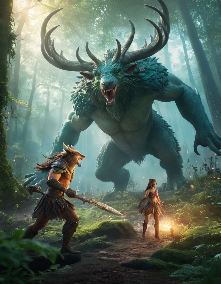 fantasy, epic battle, mythical creatures, magical forest