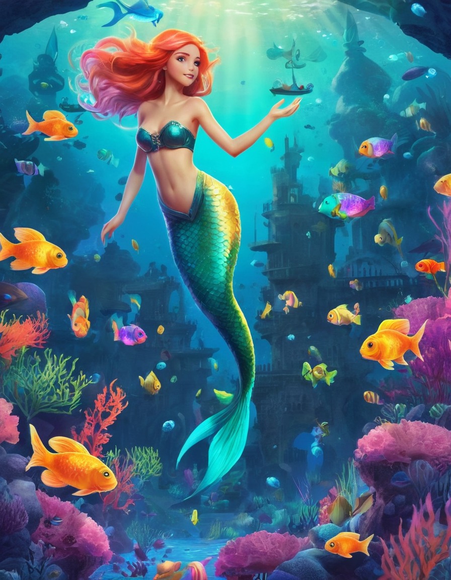 fantasy, underwater, mermaids, kingdom, colorful fish