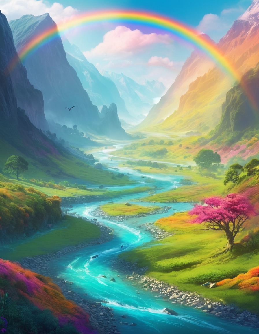 fantasy, magical, rainbow, creatures, valley, fantastic