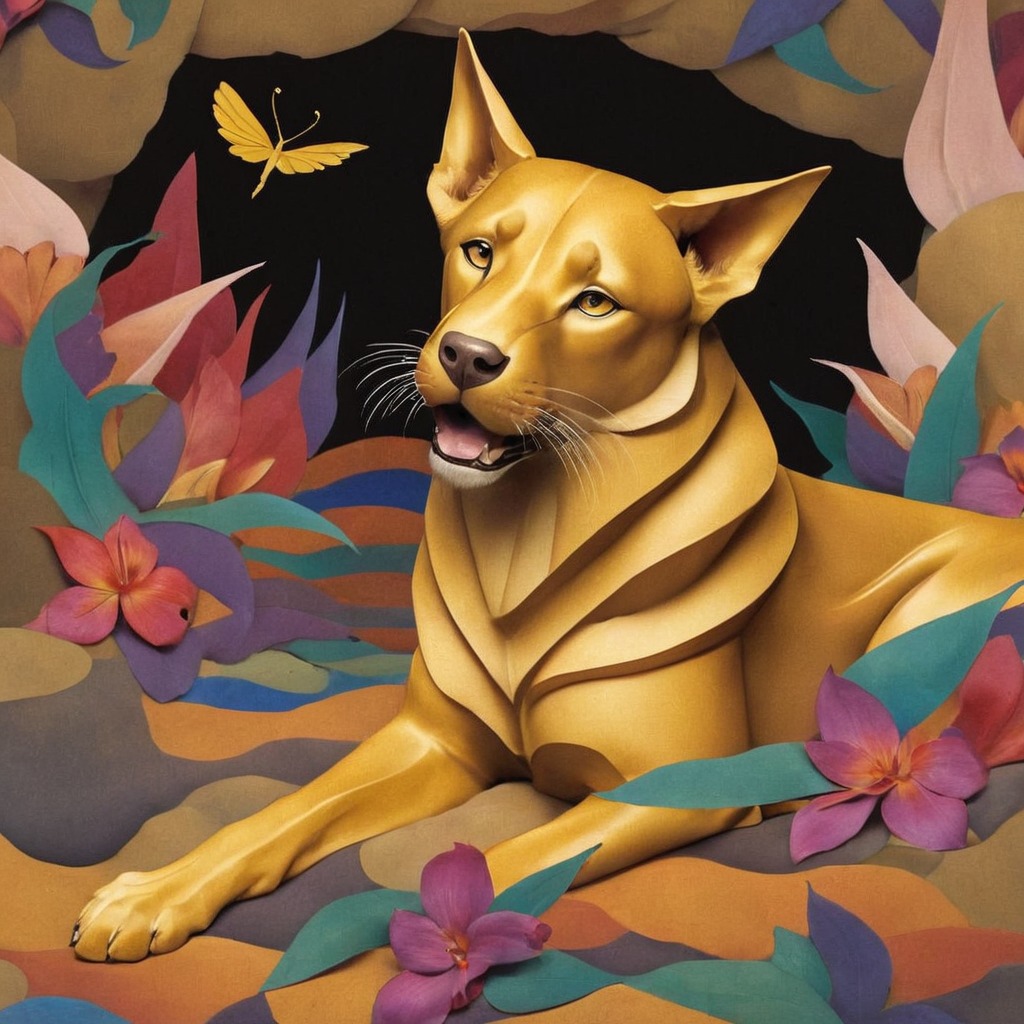 animal, animalart, dreamup, digitalart, characterdesign, portrait, surreal, wildlife, photography, digitalpainting, canine, cave, dog, goldleaf, pawsandclaws, ai_art, harvesthue