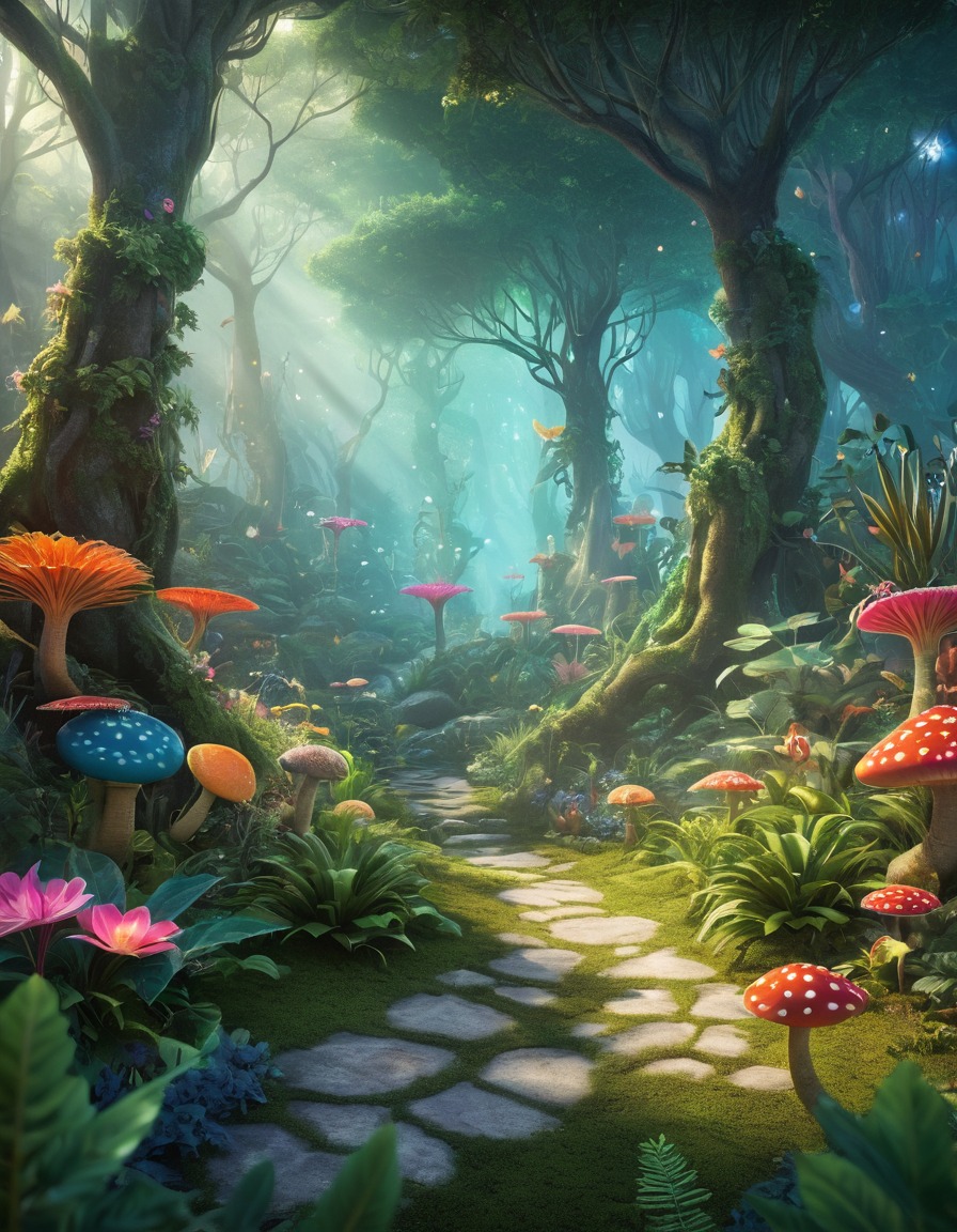 mysterious, forest, colorful, exotic, plant life, whimsical creatures, fantastic