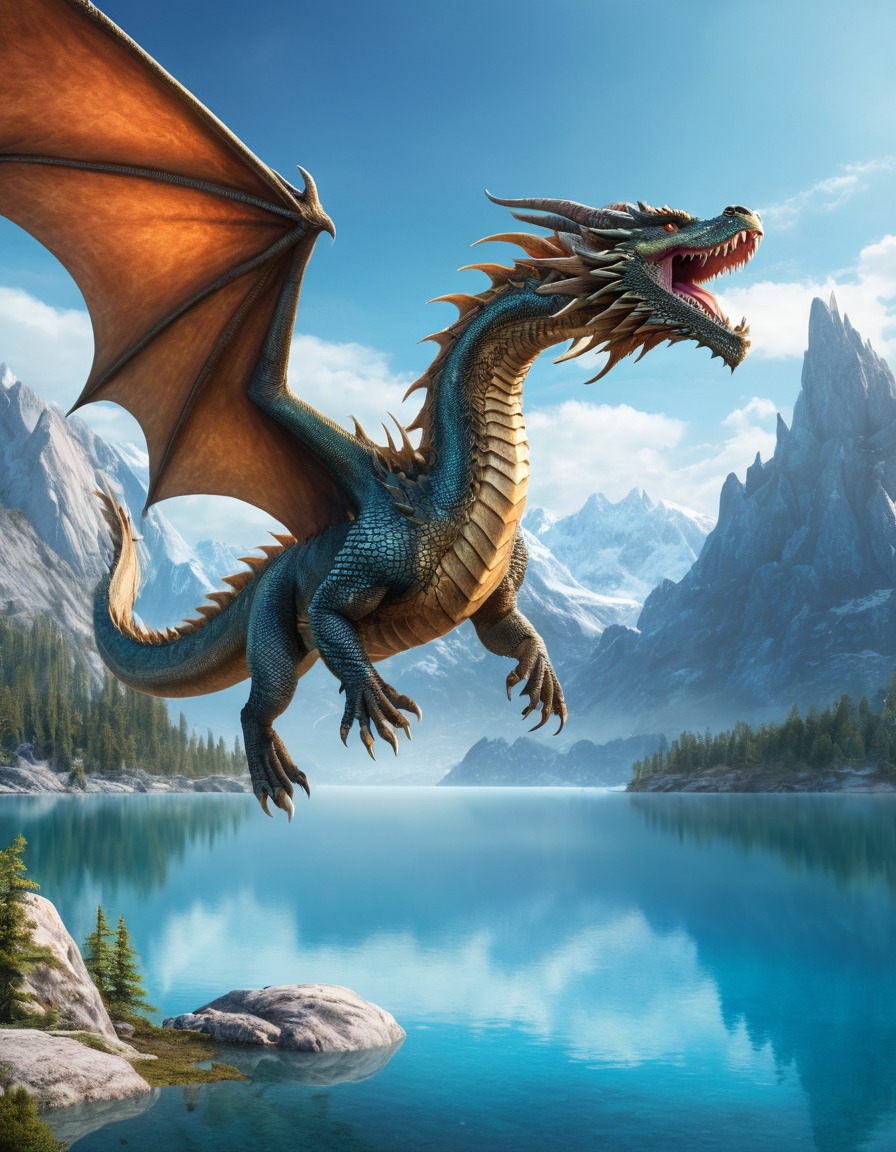 majestic, dragon, crystalline lake, fantasy, scene