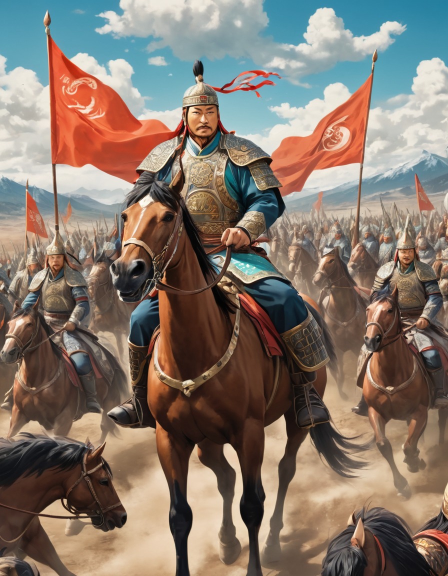 genghis khan, mongolian empire, conqueror, military leader, horseback, warfare, anime