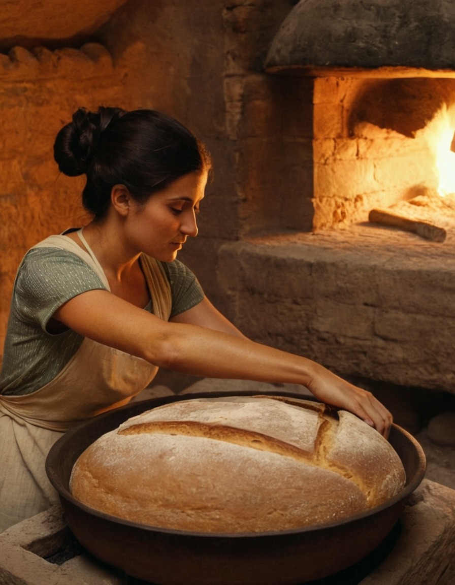 ancient rome, baking, bread, clay oven, 150 ad, ancient woman