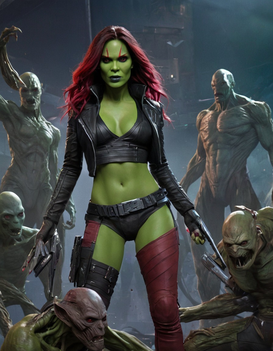 gamora, guardians of the galaxy, superhero, alien enemies, action, ripped clothes