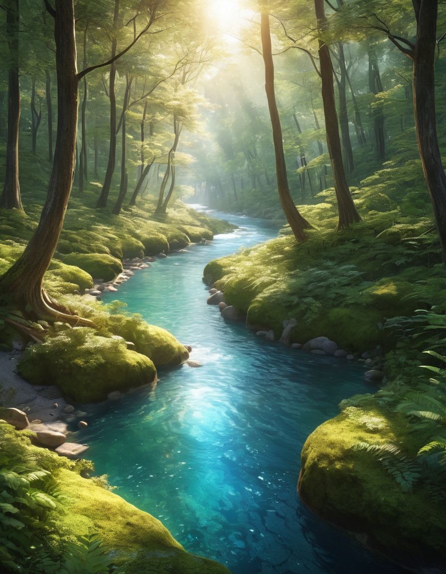 nature, river, forest, sunlit, serene