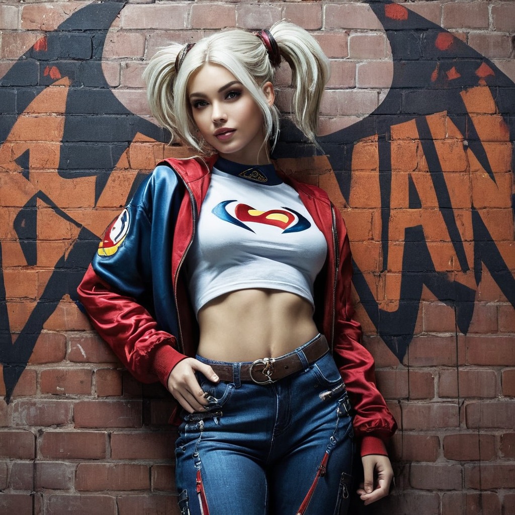 digitalart, fanart, harleyquinn, portrait, digitalpainting, batman, characterdesign, abs, clowngirl, croptop, jeans, midriff, oilpainting, croppedjacket, harley_quinn, aiart, jeanssexy, croptopshirt, croptopsexy