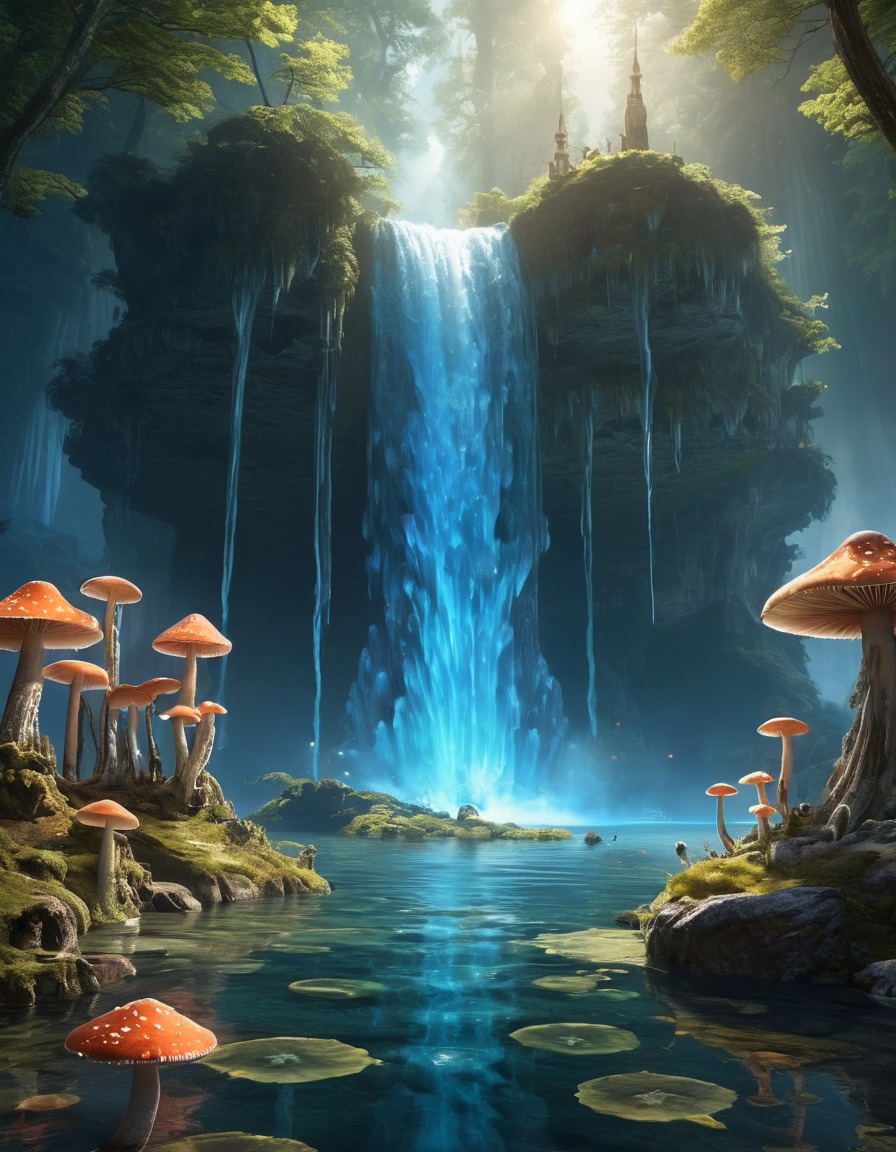 waterfall, lake, mushrooms, nature, scenery, fantastic