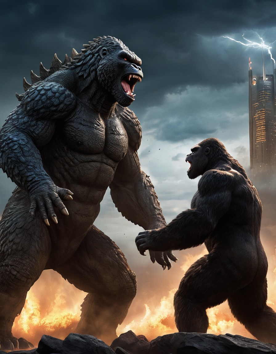 godzilla, king kong, showdown, monsters, stormy night, kong