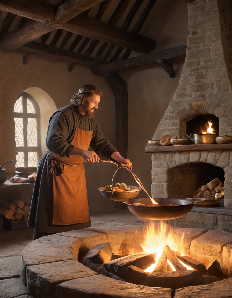 ancient cook, meal preparation, large hearth, medieval england, 1300 ad