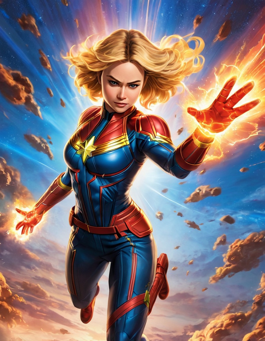 captain marvel, superhero, comic book, cosmic powers, flying, illustration, anime, marvel