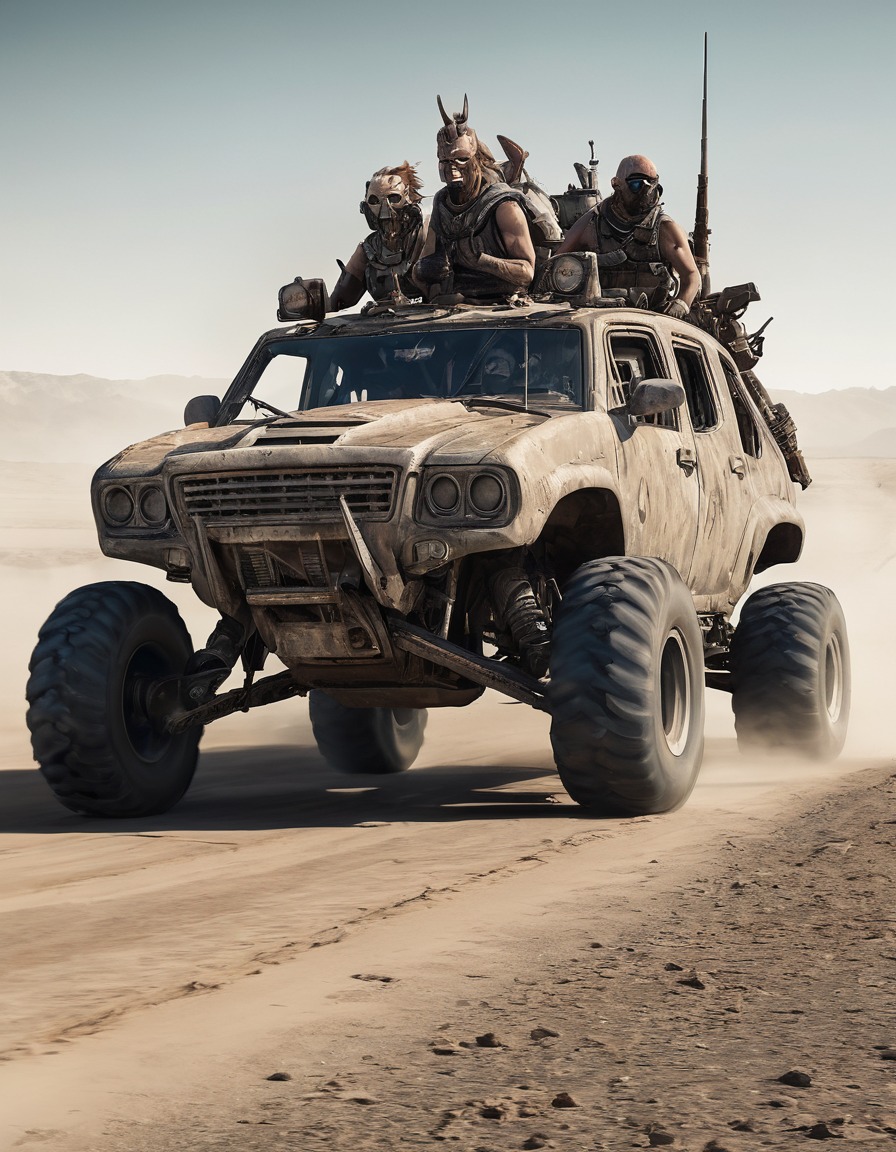 post-apocalyptic, warriors, wasteland, vehicles, mad max