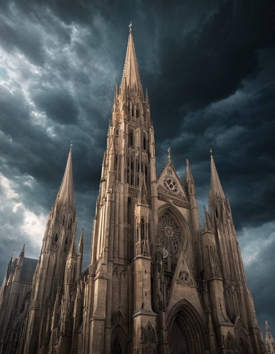 architecture, gothic cathedral, sky, stormy, majestic, religious, building