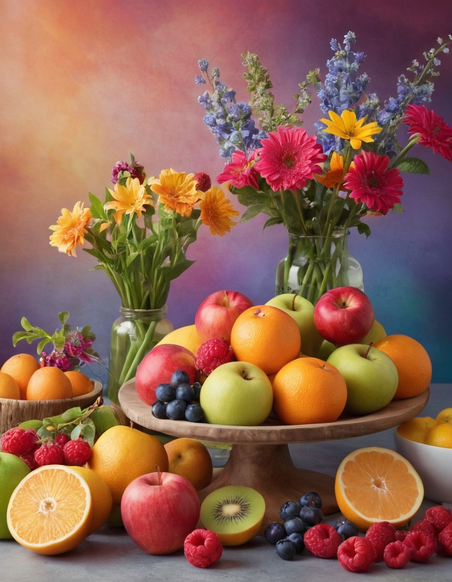 fruits, flowers, still life, colorful